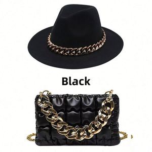 Custom Wholesale Vintage British Style Lady Wide Flat Brim Wool Panama Fedora Hat and Purse Fedora Hat With Chains - Product Image 5