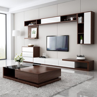 Meilleures ventes, ensemble table basse et meuble TV à panneaux MDF blancs et noyer, table TV