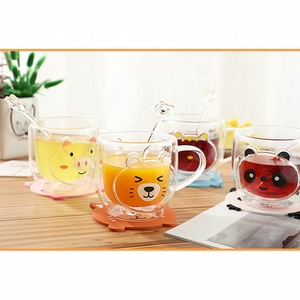 Buona vendita cartone animato animale vetro succo di latte tazza di vetro doppia parete tazza di vetro con manico - Product Image 4
