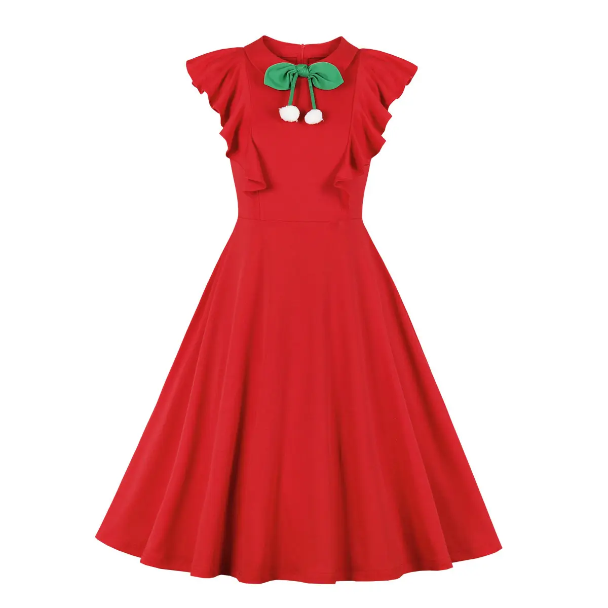 Bow Neck Vintage Style Ruffle Women Red Dresses Ladies Sleeveless Cute Midi Swing Dress