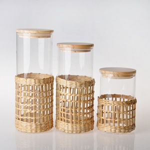 Wholesale High Borosilicate air Tight Glass Food Storage Jar and <strong>Bottle</strong> with <strong>Wicker</strong> and Bamboo Lid - Product Image 4