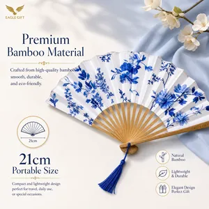 Abanico Plegable de Tela Pintada e Impresa Personalizada al por Mayor, Regalos para Bodas, Fiestas y Festivales, Varillas de Bambú de 21 cm, Hecho a Mano - Product Image 1
