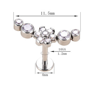 Usine Titane Corps Piercing Bijoux Interne Fileté & Push In Lunette Ensemble 4-CZ Pierre Cluster Avec Fleur Centre Top Anneau - Product Image 4