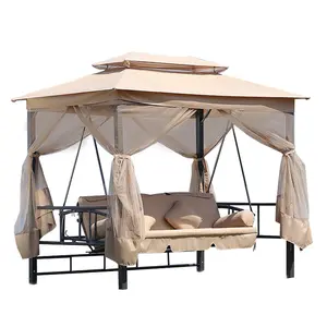 맞춤형 하이 퀄리티 스윙 의자 정원 4 인승 이중 지붕 야외 금속 파티오 스윙 침대 모기장