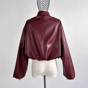 <strong>Burgundy</strong> Stand Collar Zipper PU <strong>Leather</strong> <strong>Jacket</strong> Women's Short <strong>Leather</strong> <strong>Jacket</strong> Factory Custom Colors Sizes - Product Image 4