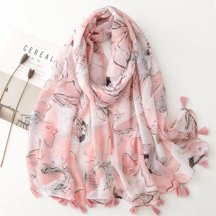 Оптовая продажа, розовый шарф с принтом бабочек, Летний Пляжный шарф для женщин, другие шарфы и шали