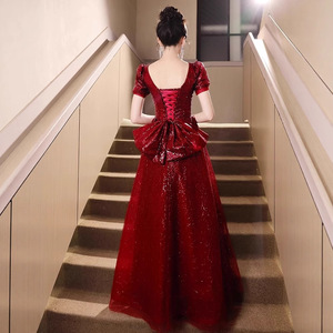 <b>Red</b> <b>Sequined</b> Evening Gown Sweetheart Neckline Empire Waist Claret Color Coming Of Age Ceremony Dress - Product Image 4
