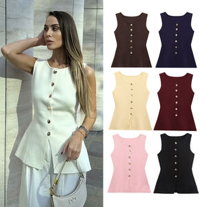 Automne nouveau <span class=keywords><strong>gilet</strong></span> tricoté amincissant à col rond <span class=keywords><strong>doré</strong></span> à simple boutonnage - Product Image 1