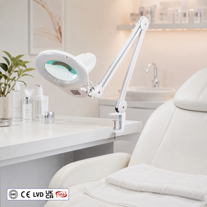 Lampe loupe à bras articulé en métal à triple section avec lentille optique circulaire, contrôle de gradation intégré et bouton de luminosité réglable - Product Image 1