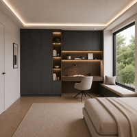 Armoires de bureau gris anthracite avec bureau ton noyer, étagères lumineuses et zone de travail compacte