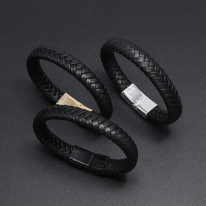 Pulseras Tejidas Por Mayor Hand Made Black Leather Bracelet Magnetic Bracelet Men Great Gift Wholesale Price