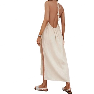 Customized OEM High Quality Womens <b>Dress</b> Woven Casual Design Large Backless Seaside Vacation Hanging Neck Beach <b>Dresses</b> - Product Image 2