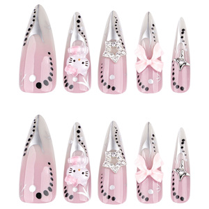 <span class=keywords><strong>Uñas</strong></span> Postizas Largas Stiletto 24 Piezas Y2K Rosa Nude con Punta Plateada, Lazo <span class=keywords><strong>Hello</strong></span> <span class=keywords><strong>Kitty</strong></span>, Estrella, Diamantes de Imitación y Puntos Negros - Product Image 5