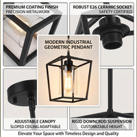Lustre suspendu en métal noir de style cage géométrique avec abat-jour en verre transparent, lampe suspendue de style farmhouse pour îlot de cuisine, en stock aux États-Unis
