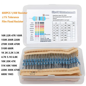 600 pièces Résistance 1/4w (0.5Watt) 1% <span class=keywords><strong>10</strong></span> -1M 22R <span class=keywords><strong>47R</strong></span> 100R 200R 470R 1K 10K 4K7 100K 220K Tolérance Film Métallique Kit de Résistance Fixe - Product Image 1