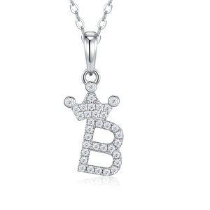 Collier minimaliste en argent sterling S925 plaqué rhodium avec pendentif couronne initiale <span class=keywords><strong>B</strong></span> et moissanite entièrement pavée, collier de luxe - Product Image 1
