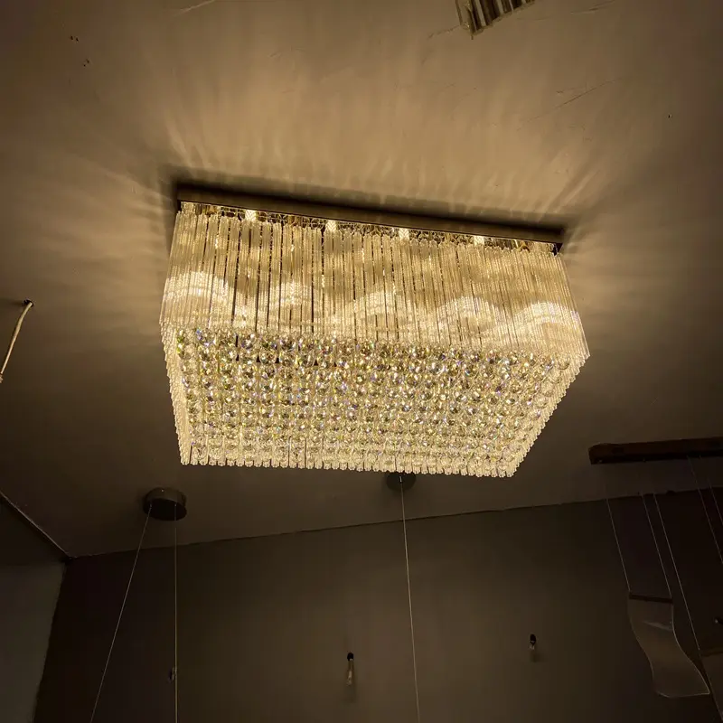 Grande banchetto di nozze rotondo personalizzato lampada rettangolare piatta Led Hotel lungo oro piccoli lampadari di cristallo plafoniera