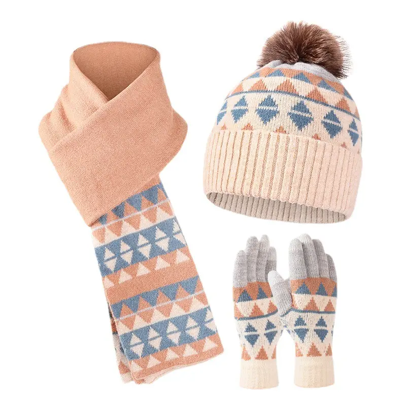 Vente en gros de bonnets d'hiver jacquard, ensembles de gants avec écharpe et teinture par cravate, ensemble de gants chauds en tricot pour l'hiver