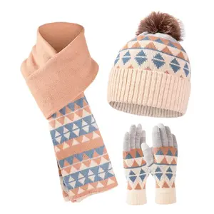 All'ingrosso Jacquard Winter Beanie Hats Tie Dyeing sciarpa guanti Set Warm Knit Winter Set di guanti cappello sciarpa