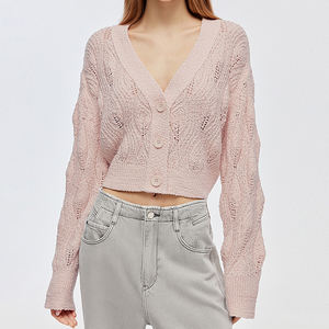 <span class=keywords><strong>Cardigan</strong></span> court en tricot à col en V <span class=keywords><strong>ajouré</strong></span> rose doux et quotidien pour femmes, nouveau design personnalisé Wisrise - Product Image 1