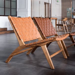 Ghế thư giãn gỗ nguyên khối Bắc Âu với da thuộc và mây đan cho ban công - Product Image 2