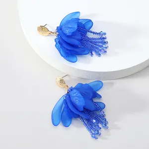 Elegant Romantic Acrylic Flower Petal Charm Beaded Tassel Big Dangle Earrings For Women Trendy Luxury Pendientes Party Jewelry