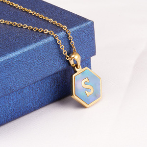 Zogxin Hexagon Pendant Necklace Stainless Steel Blue Shell Letter <b>Initial</b> Jewelry For Women - Product Image 4