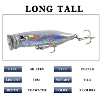 Vente en gros d'appâts durs flottants de type Popper 7cm/9.4g, appâts artificiels en plastique avec hameçons pour la pêche