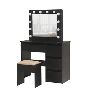 Profissional Atacado Quarto Meninas Black Hollywood Maquiagem Espelhado Vanity Dresser Table Desk Set Com Espelho E Luzes Led