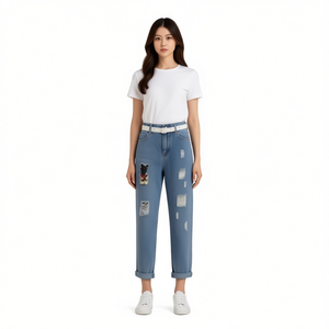 N049 Pantaloni in Denim da Donna a Vita Alta con Effetto Usurato, Cinque Tasche, Lunghezza alla Caviglia, Vestibilità Regolare, Stile Casual con Design Patchwork - Product Image 1