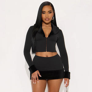 ファー パッチワーク 2ピース スカートセット レディース 衣装 ディープVネック クロップトップ + スカート 女性用 ストリートウェア ハイウエスト スカートセット - Product Image 4