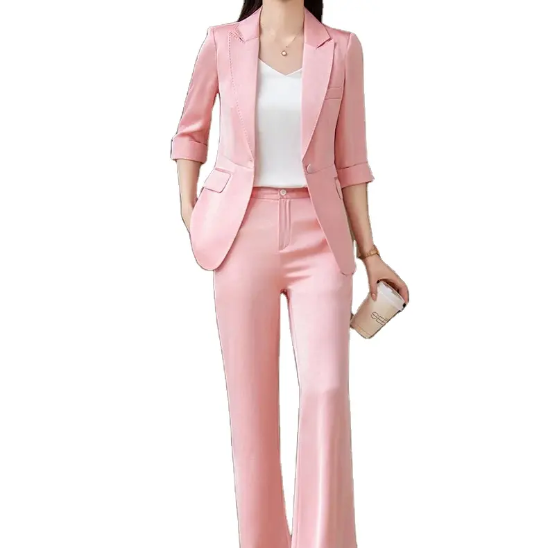 2024 महिला पेशेवर ड्रेस सूट होटल प्रबंधक कार्य कपड़े सात-पॉइंट आस्तीन गुलाबी स्लिम-फिट सूट