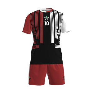 Ensemble de <span class=keywords><strong>football</strong></span> personnalisable haut de gamme, motif rayé noir, rouge et blanc sophistiqué, léger, respirant, prêt pour les matchs - Product Image 1