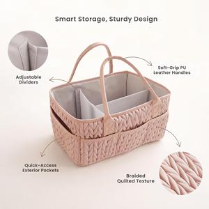 Organizador de Pañales para Bebé Resistente al Agua, Diseño Acolchado Trenzado con Asas de PU, Cesta Portátil para Pañales - Product Image 3