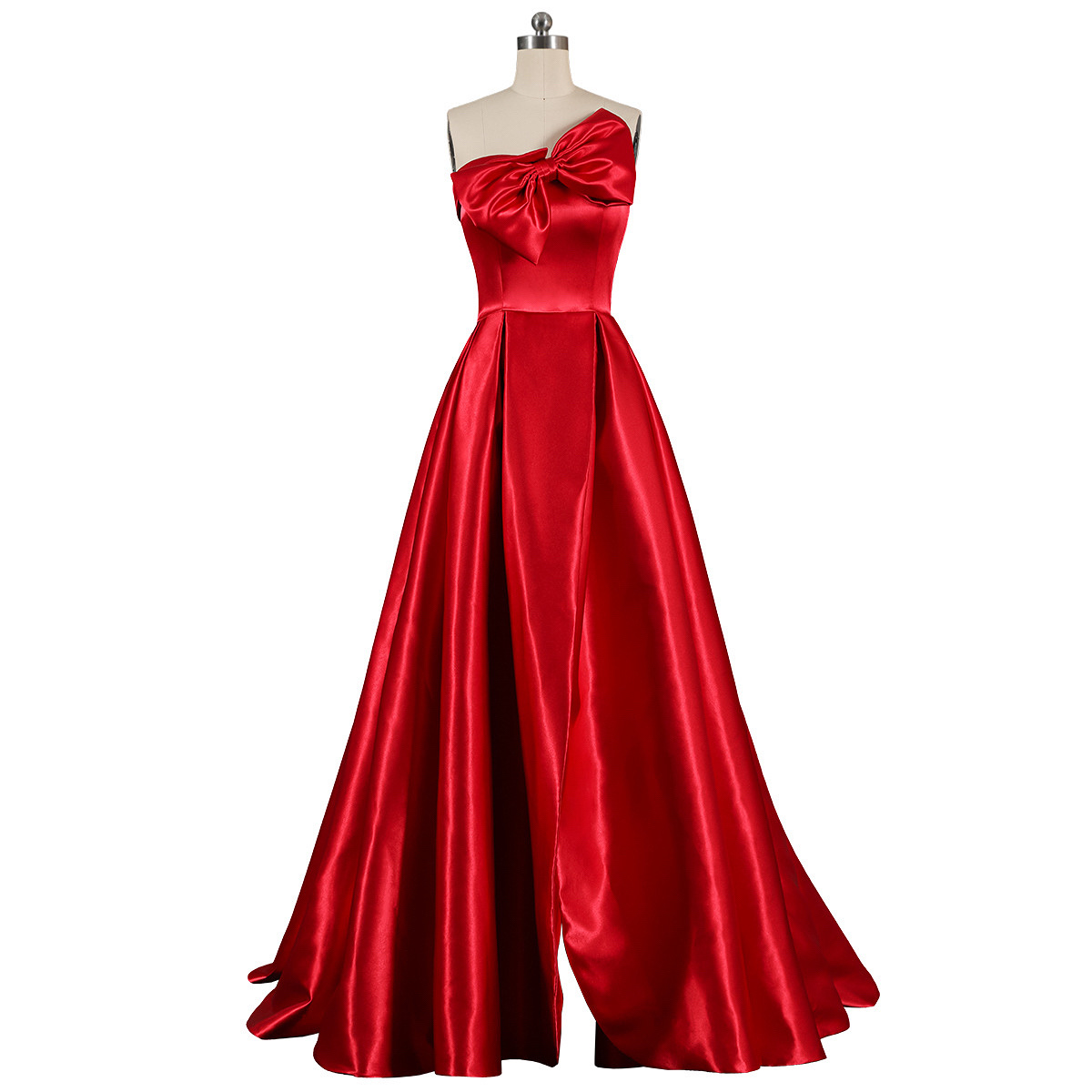 Винно-красного цвета, вечернее платье без бретелек без рукавов с открытой спиной Платья трапециевидной формы с бантом, сексуальные тонкие молнии атласное торжественное Красной ковровой дорожки вечернее элегантное платье