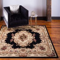 Grand tapis noir ivoire traditionnel classique à motif médaillon, lavable, antidérapant, pour salon, chambre à coucher, décoration intérieure