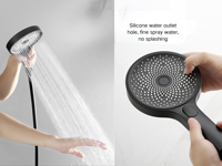 Douche à main triple fonction avec interrupteur, grande panneau, haute pression, économie d'eau, buse en silicone liquide, finition chromée