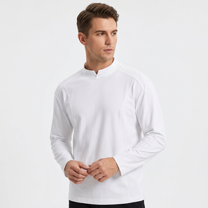 <b>Men's</b> White Stand Collar Long Sleeve Knitted <b>T</b>-<b>Shirt</b> Regular Fit Casual Solid Color Breathable Cotton Jersey made in Bangladesh - Product Image 2