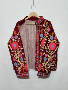 Women's Red Velvet Embroidered Jacket Mandarin Collar Floral Hand Embroidery Full Sleeve Autumn Style <b>Coat</b> - Product Image 3