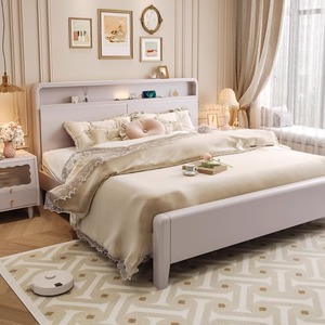 Light French Style Solid Wood Double <b>Bed</b> 1.5M <b>Storage</b> Master Bedroom Wooden <b>Bed</b> <b>Frame</b> Cream Color - Product Image 2