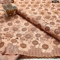 Kain Brokat Afrika Warna Oranye Bakar Grosir, Payet Bunga 3D, Tulle dengan Berbagai Warna untuk Gaun Aso Ebi Pernikahan Nigeria