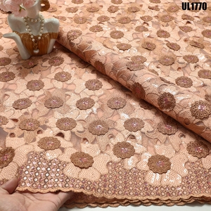 Tessuto in Pizzo Africano <span class=keywords><strong>Arancione</strong></span> Bruciato all'Ingrosso, Pizzo in Tulle con Fiori 3D e Paillettes Multicolore per Abiti da Sposa Nigeriani Aso Ebi - Product Image 4