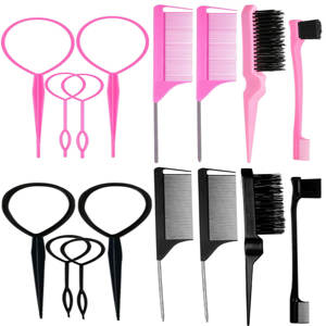 Ensemble de brosses à cheveux <span class=keywords><strong>Topsy</strong></span>, outils pour les queues de cheval, brosse à picots pour démêler, brosse de contrôle des bords, peignes à queue de rat en métal, coiffure rose/noir - Product Image 1