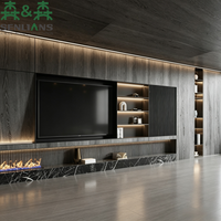Mueble de TV de Pared Integrado de Lujo SLS con Chimenea, Centro Multimedia Moderno de Madera Oscura, Pantalla con Retroiluminación LED, Mueble para Sala de Estar