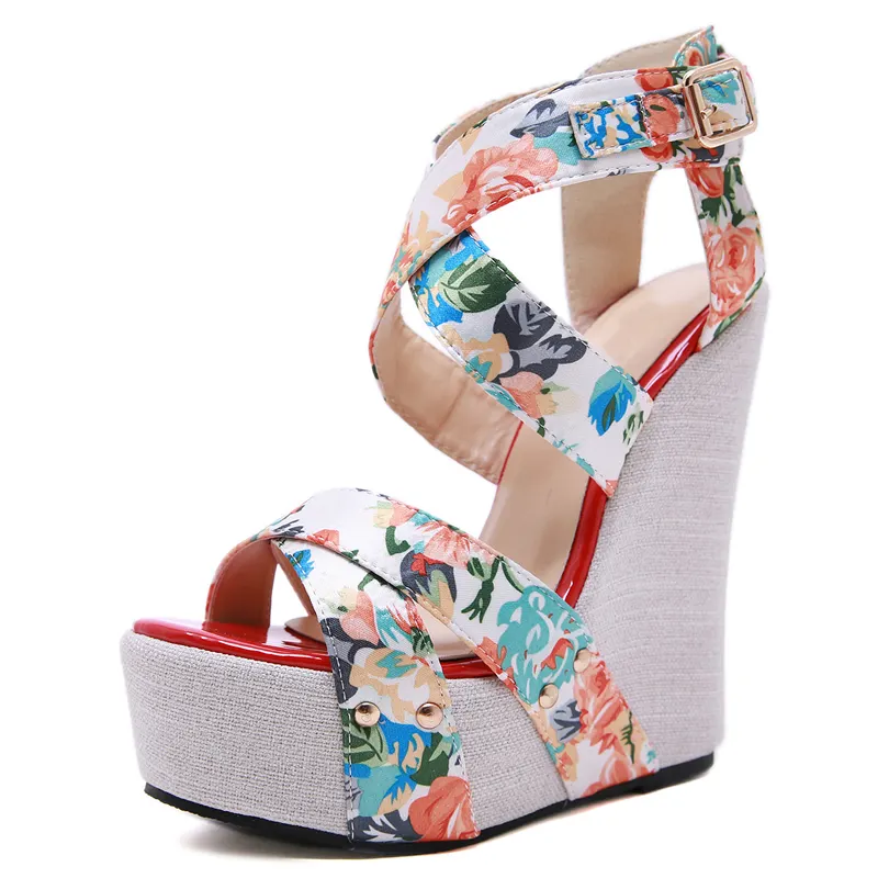 NEW Sexy Floral Shoes For Women 2022 Fashion Summer Femmes Chaussures Platform Sewing Wedges High Heels Patchwork Retro Sandals