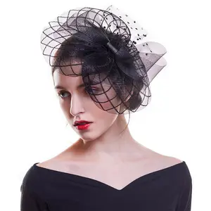 Женская Вуалетка с большим бантом, однотонная черная шляпа с сетчатым верхом, повязка на голову, заколка для волос для коктейльной вечеринки, аксессуары для волос