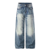 Amerikanische neutrale, lasergewaschene blaue Retro-Jeans mit handgefertigtem Katzenbart-Design für Herren, gerade geschnitten, Streetwear, locker sitzend