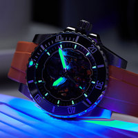 Montre de plongée squelette personnalisée pour homme, automatique, mécanique, boîtier en acier inoxydable de 42 mm, bracelet en caoutchouc orange, lunette verte, lumineuse, étanche