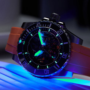 Custom Skeleton Diving <b>Watch</b> Men Automatic Mechanical 42mm Stainless Steel Case Orange <b>Rubber</b> Green Bezel Luminous waterproof - Product Image 5