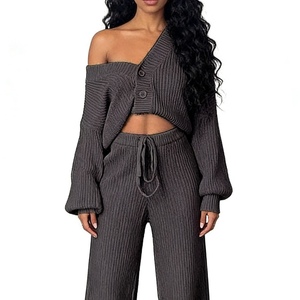 Ensemble de 2 pièces pour femmes, cardigan uni à manches longues en tricot et pantalon, mode décontractée - Product Image 5